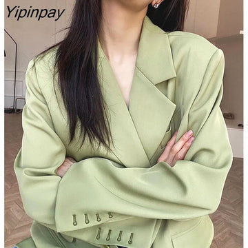 Yipinpay 2023 Autum Oversize Long Sleeve Green Women Blazer Office Lady Solid Work Suit Blazers Work Female Clothing Jackets Coat
